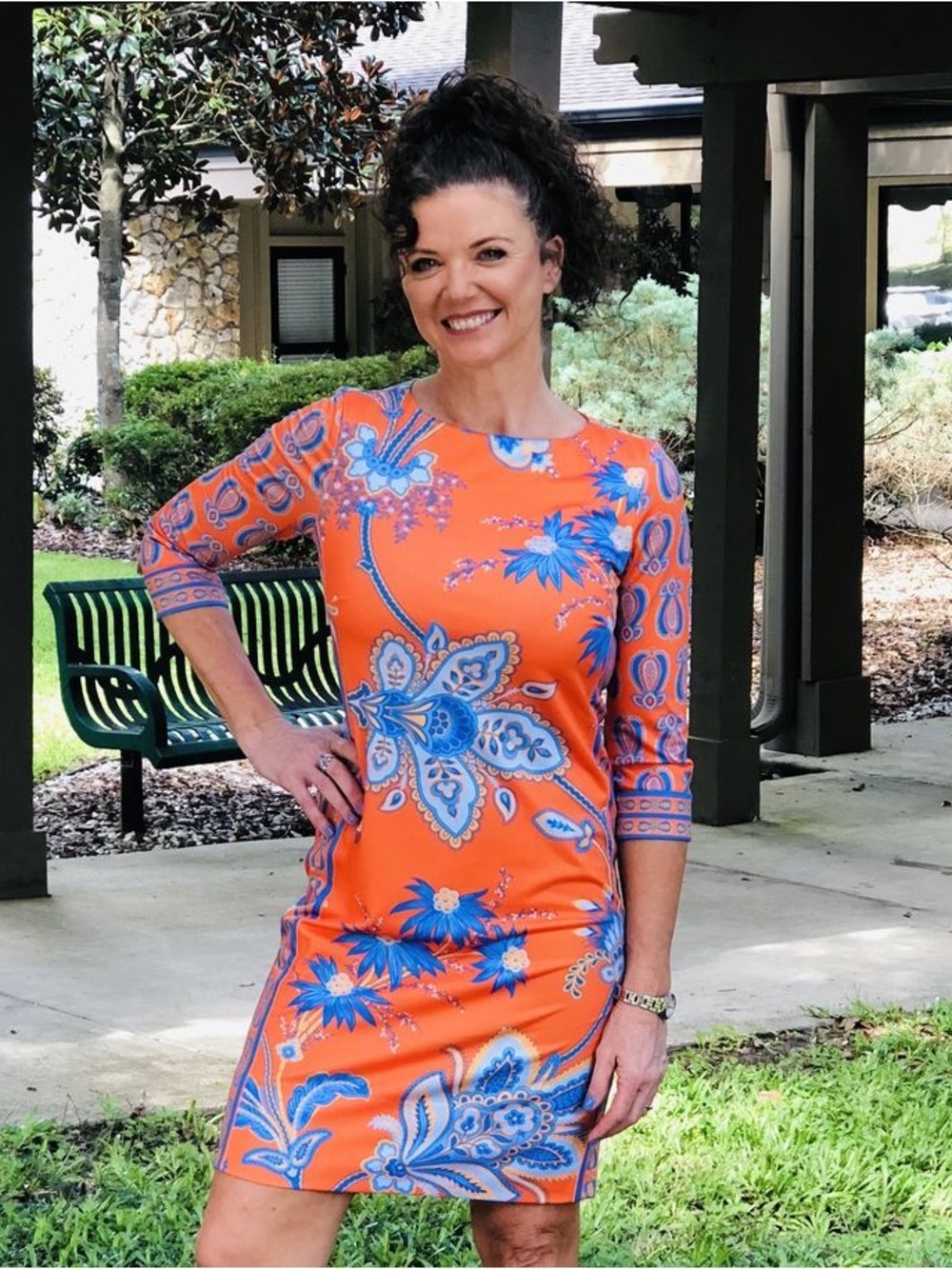 Gretchen Scott Designs Orange Dress with Blue Floral Paisley